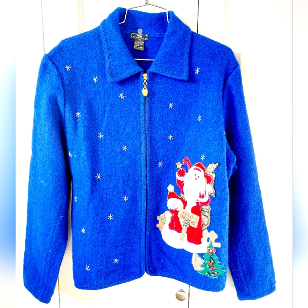 Lisa International Blue Holiday Santa Zip Front Jacket